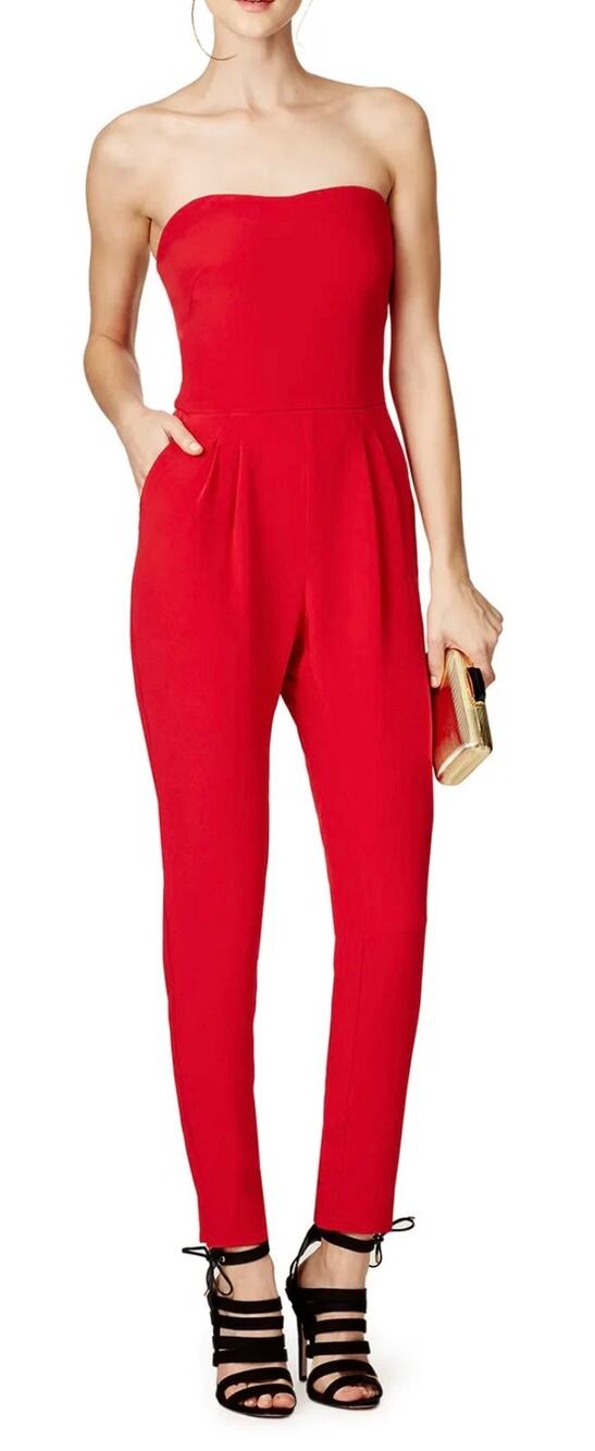Hunter Bell Jumpsuit Strapless Red Silk Slim Leg Ankle Zippers